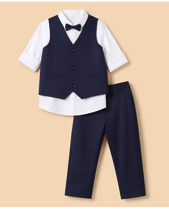 Pine Kids Knit 3 Piece Full Sleeves Party Suit With Bow Detailing - Navy Blue