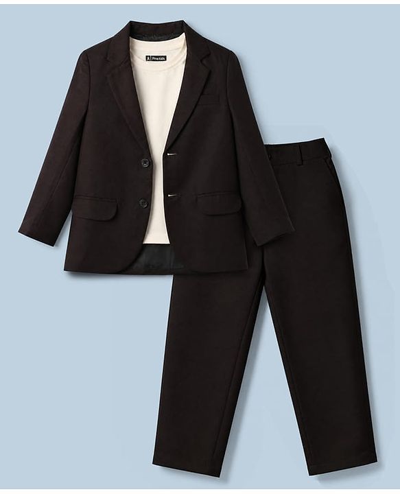 Pine Kids Knit Full Sleeves T-Shirt & Trouser Set With Blazer - Brown