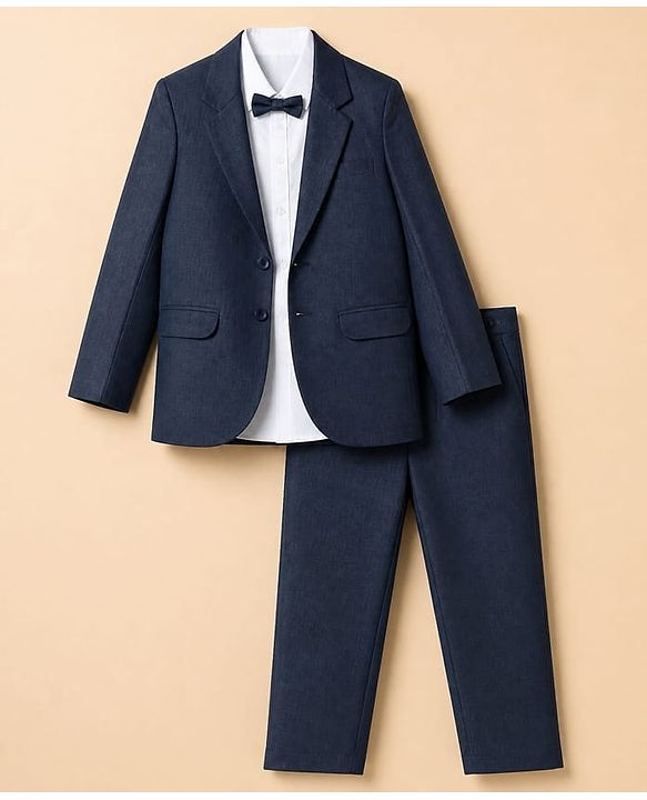 Pine Kids Knit Full Sleeves 3 Piece Party Suit With Bow - Blue