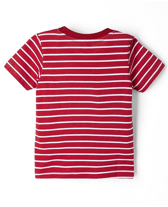 Babyhug Single Jersey Knit Half Sleeves Striped & Lion Embroidered T-Shirt & Shorts Set - Red & Blue