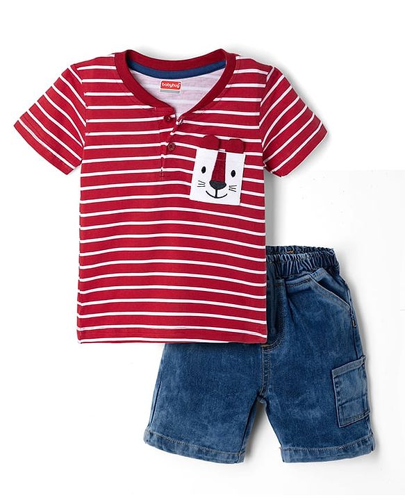 Babyhug Single Jersey Knit Half Sleeves Striped & Lion Embroidered T-Shirt & Shorts Set - Red & Blue