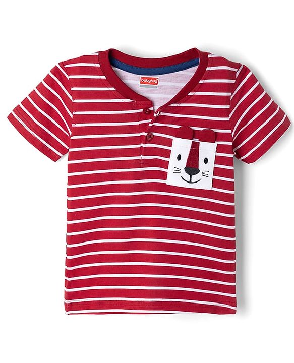 Babyhug Single Jersey Knit Half Sleeves Striped & Lion Embroidered T-Shirt & Shorts Set - Red & Blue