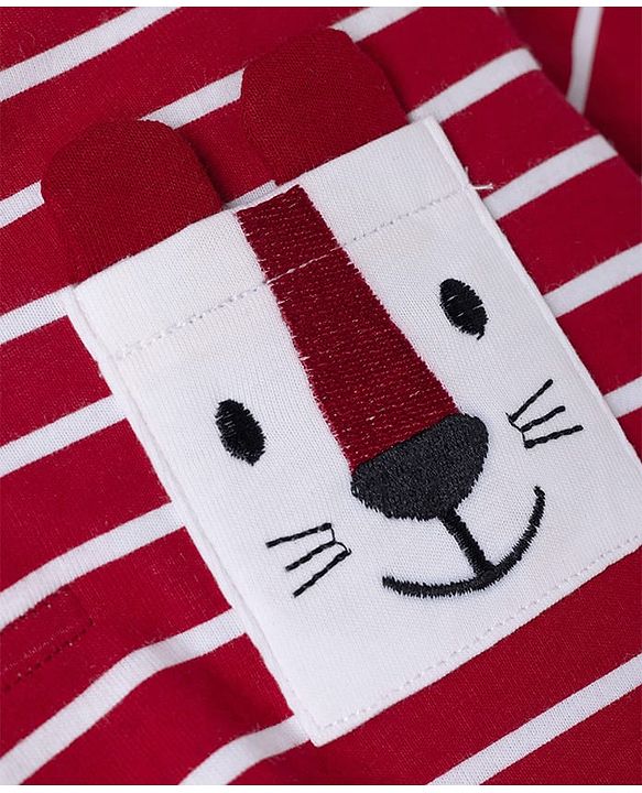 Babyhug Single Jersey Knit Half Sleeves Striped & Lion Embroidered T-Shirt & Shorts Set - Red & Blue