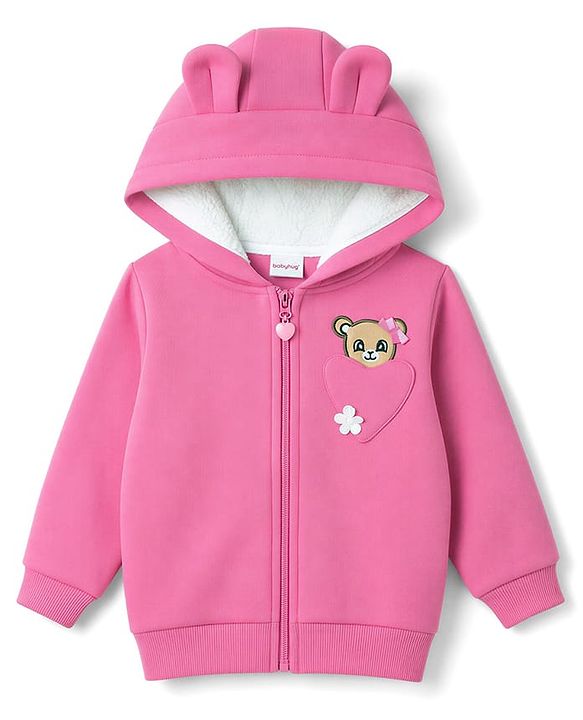 Babyhug 100% Cotton Knit Full Sleeves Front Open Hooded Sweatshirt With Applique - Pink