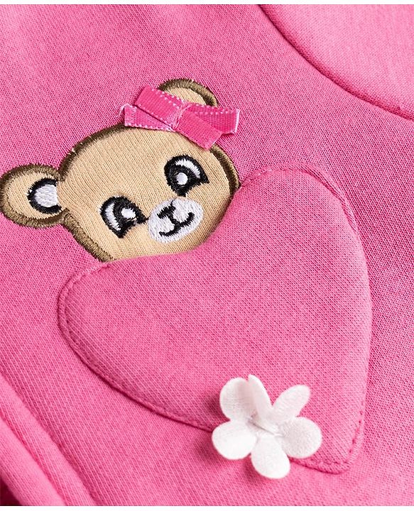 Babyhug 100% Cotton Knit Full Sleeves Front Open Hooded Sweatshirt With Applique - Pink