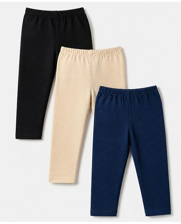 Babyhug Cotton Lycra Elastane Knit Slim Fit Full Length Solid Leggings Pack of 3 - Navy Blue, Cream & Black