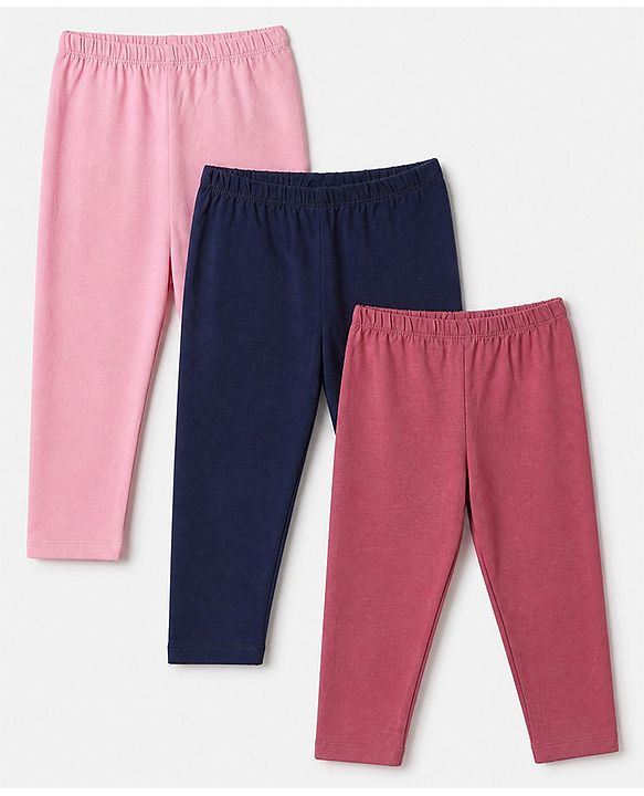 Babyhug Cotton Lycra Elastane Knit Slim Fit Full Length Solid Leggings Pack of 3 - Navy Blue, Pink & Dark Pink
