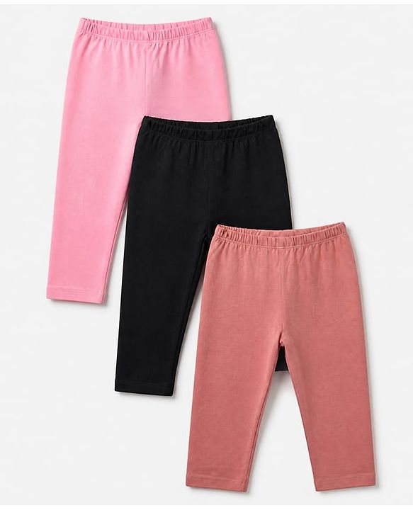 Babyhug Cotton Lycra Elastane Knit Slim Fit Full Length Solid Leggings Pack of 3 - Pink, Black & Rose Gold