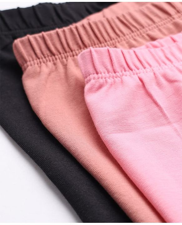 Babyhug Cotton Lycra Elastane Knit Slim Fit Full Length Solid Leggings Pack of 3 - Pink, Black & Rose Gold