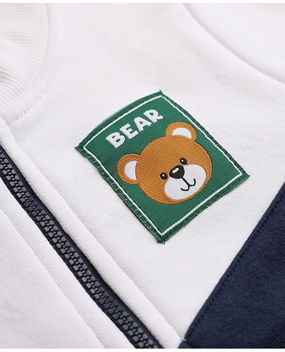 Babyhug Cotton Blend Fleece Front Open Sweatshirt with Full Sleeves and Bear Patch - Navy Blue