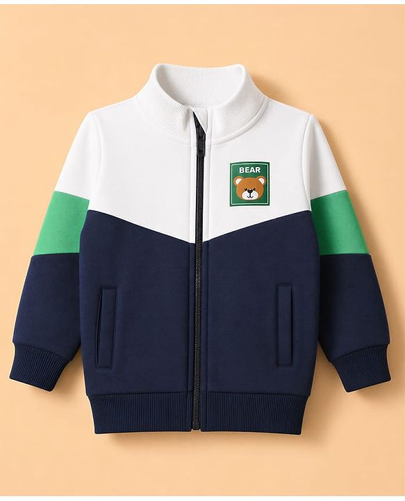 Babyhug Cotton Blend Fleece Front Open Sweatshirt with Full Sleeves and Bear Patch - Navy Blue