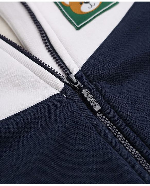 Babyhug Cotton Blend Fleece Front Open Sweatshirt with Full Sleeves and Bear Patch - Navy Blue