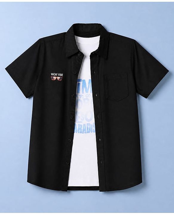 Pine Kids Cotton Woven Short Sleeves Solid Shirt With Text Print on Tee - Neavy Blue