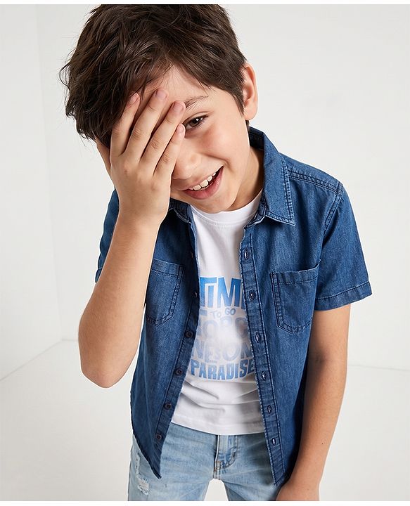 Pine Kids Cotton Woven Short Sleeves Denim Twofer Shirt with Tropical Paradise Print - Blue