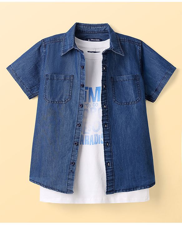 Pine Kids Cotton Woven Short Sleeves Denim Twofer Shirt with Tropical Paradise Print - Blue