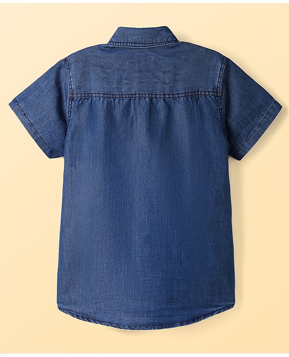 Pine Kids Cotton Woven Short Sleeves Denim Twofer Shirt with Tropical Paradise Print - Blue