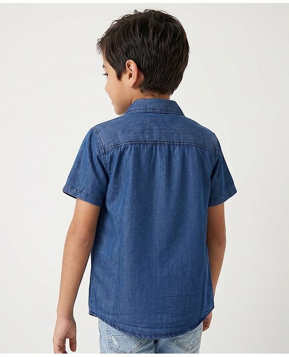Pine Kids Cotton Woven Short Sleeves Denim Twofer Shirt with Tropical Paradise Print - Blue
