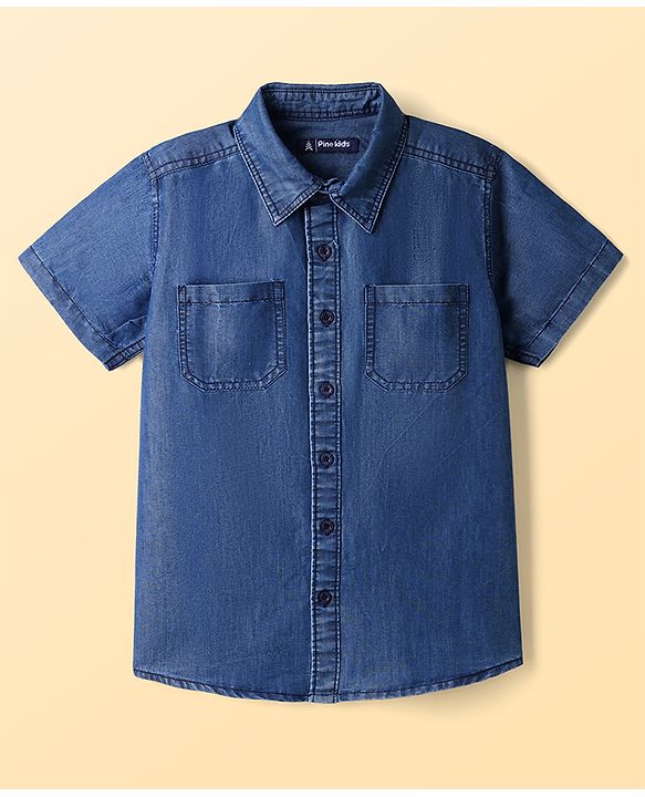 Pine Kids Cotton Woven Short Sleeves Denim Twofer Shirt with Tropical Paradise Print - Blue