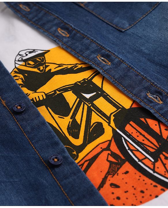 Pine Kids 100% Cotton Denim Shirts and Tank Top with Full Sleeves and Cyclist Print - Royal Blue