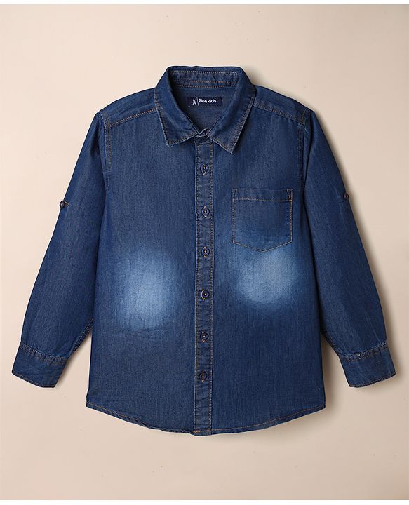 Pine Kids 100% Cotton Denim Shirts and Tank Top with Full Sleeves and Cyclist Print - Royal Blue