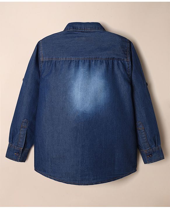 Pine Kids 100% Cotton Denim Shirts and Tank Top with Full Sleeves and Cyclist Print - Royal Blue
