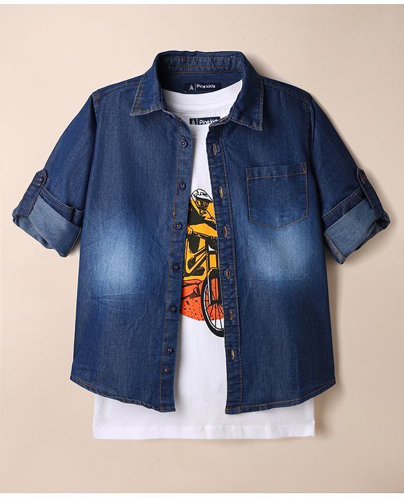 Pine Kids 100% Cotton Denim Shirts and Tank Top with Full Sleeves and Cyclist Print - Royal Blue