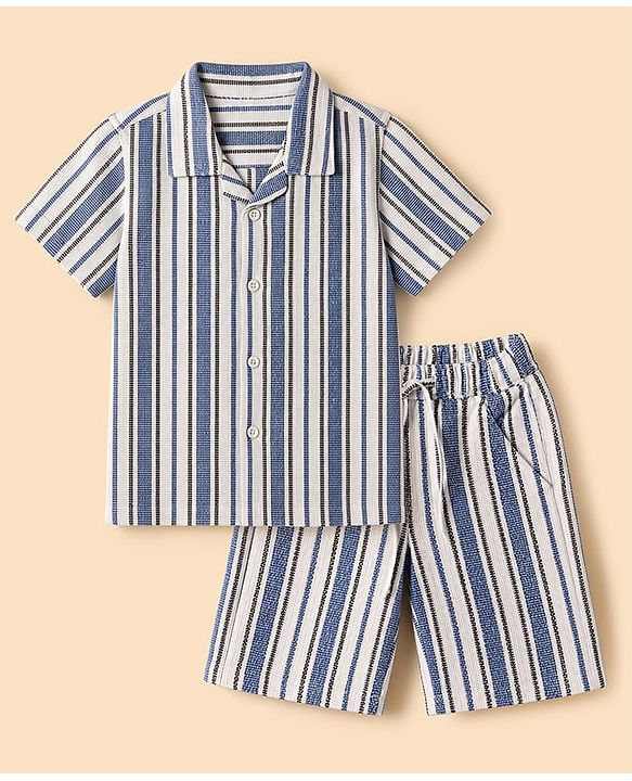 Babyhug Cotton Woven Half Sleeves Co-Ords Striped Shirt & Shorts Set - Blue