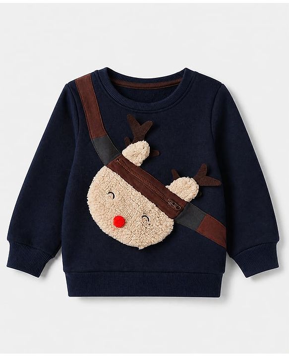 Babyhug Cotton Blend Fleece Knit Sweatshirt with Full Sleeves and Reindeer Detailing - Navy Blue