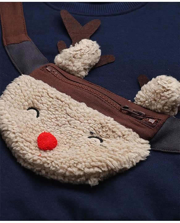 Babyhug Cotton Blend Fleece Knit Sweatshirt with Full Sleeves and Reindeer Detailing - Navy Blue