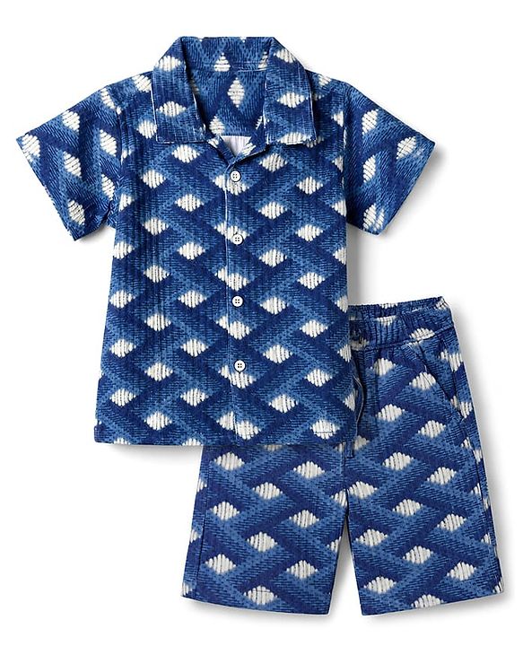 Babyhug Cotton Woven Half Sleeves Geometric Print Co-Ords Shirt & Shorts Set - Blue
