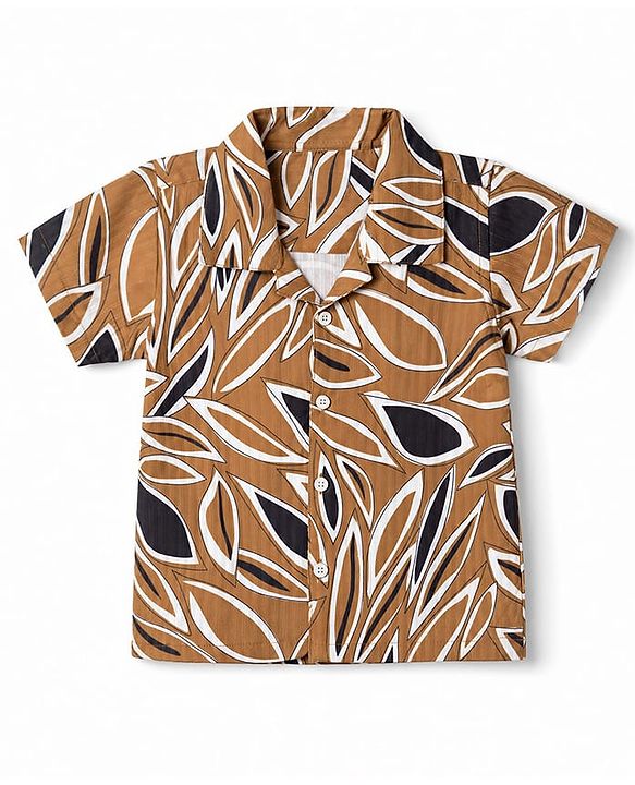 Babyhug Cotton Woven Half Sleeves Tropical Printed Co-Ords Shirt & Shorts Set - Brown