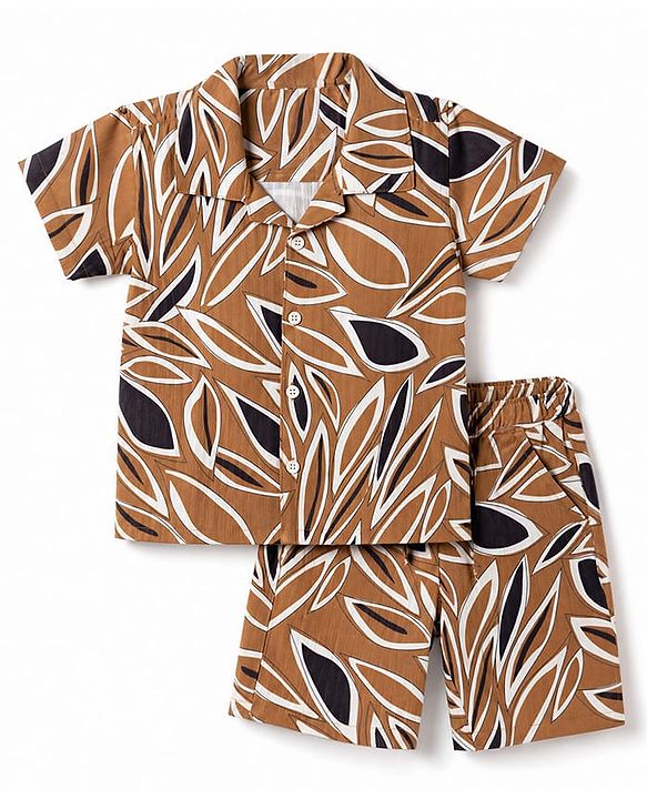 Babyhug Cotton Woven Half Sleeves Tropical Printed Co-Ords Shirt & Shorts Set - Brown
