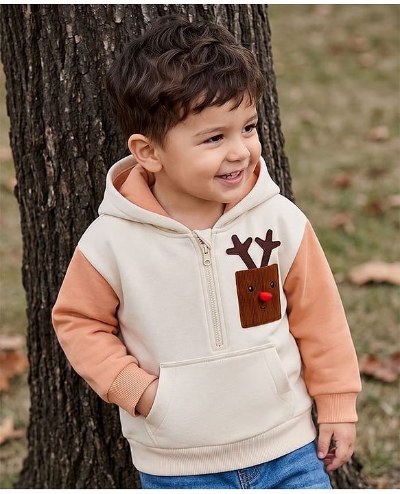 Babyhug Fleece Knit Front Open Hooded Sweatshirt With Full Sleeves and Reindeer Patch - Beige