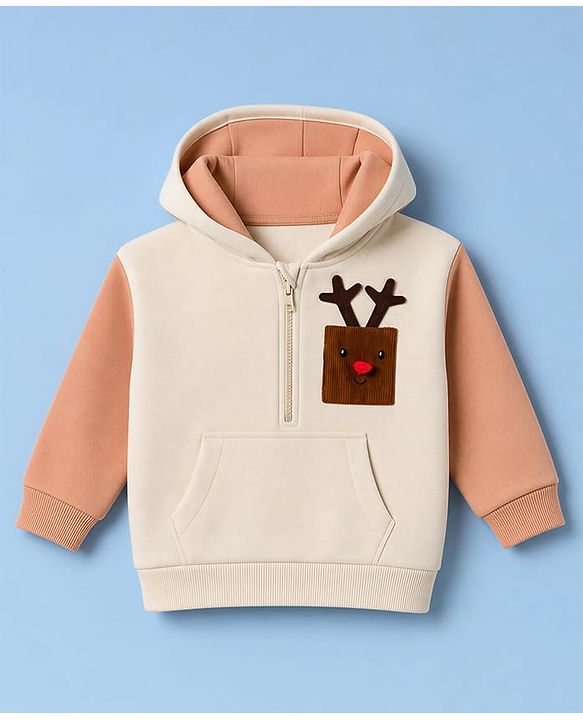 Babyhug Fleece Knit Front Open Hooded Sweatshirt With Full Sleeves and Reindeer Patch - Beige