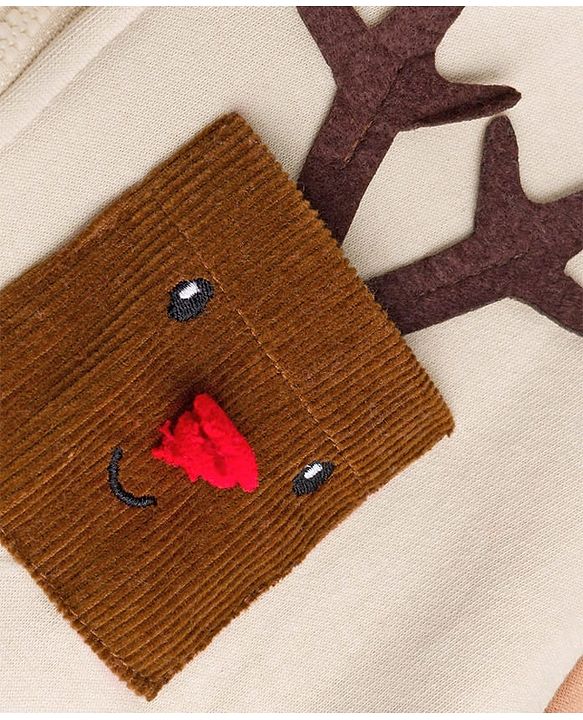 Babyhug Fleece Knit Front Open Hooded Sweatshirt With Full Sleeves and Reindeer Patch - Beige