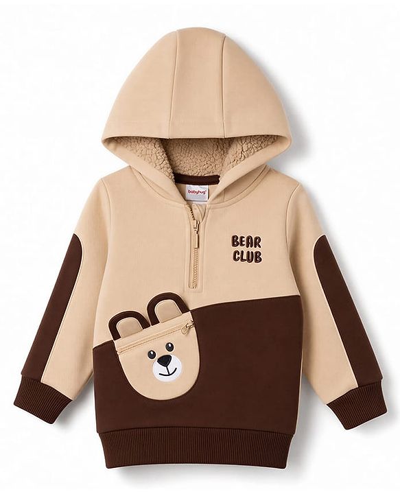 Babyhug Fleece Knit Full Sleeves Hooded Bear Club Embroidered Sweat Shirt with Bear Applique Pocket -  Tan & Brown