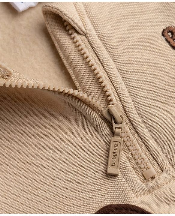 Babyhug Fleece Knit Full Sleeves Hooded Bear Club Embroidered Sweat Shirt with Bear Applique Pocket -  Tan & Brown