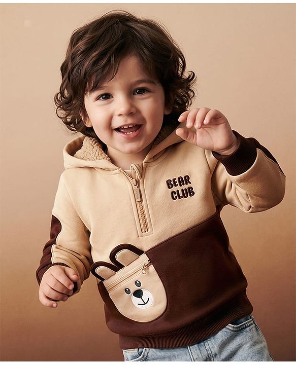 Babyhug Fleece Knit Full Sleeves Hooded Bear Club Embroidered Sweat Shirt with Bear Applique Pocket -  Tan & Brown