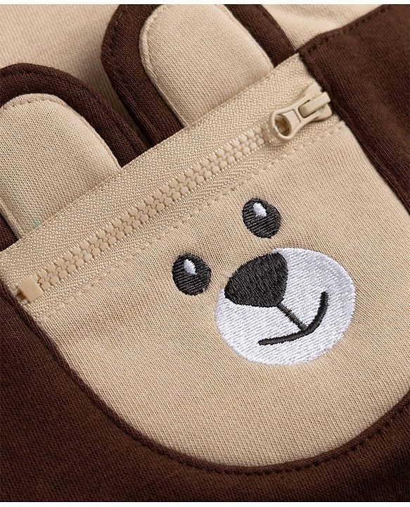 Babyhug Fleece Knit Full Sleeves Hooded Bear Club Embroidered Sweat Shirt with Bear Applique Pocket -  Tan & Brown