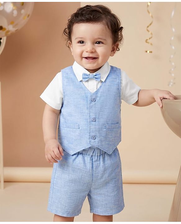 Babyhug Woven Half Sleeves Solid Colour 3 Piece Party Suit With Bow - Light Blue