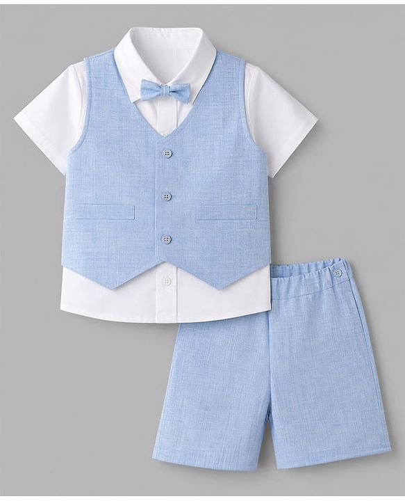 Babyhug Woven Half Sleeves Solid Colour 3 Piece Party Suit With Bow - Light Blue