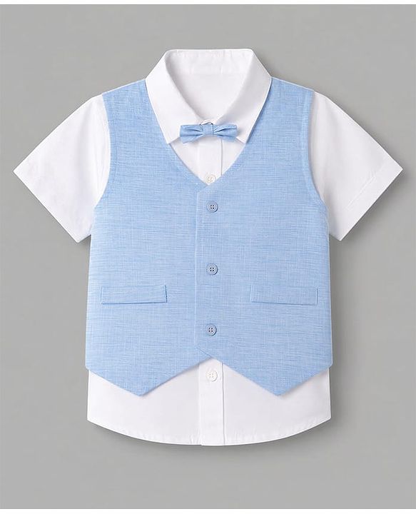Babyhug Woven Half Sleeves Solid Colour 3 Piece Party Suit With Bow - Light Blue