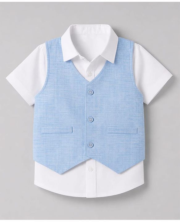 Babyhug Woven Half Sleeves Solid Colour 3 Piece Party Suit With Bow - Light Blue
