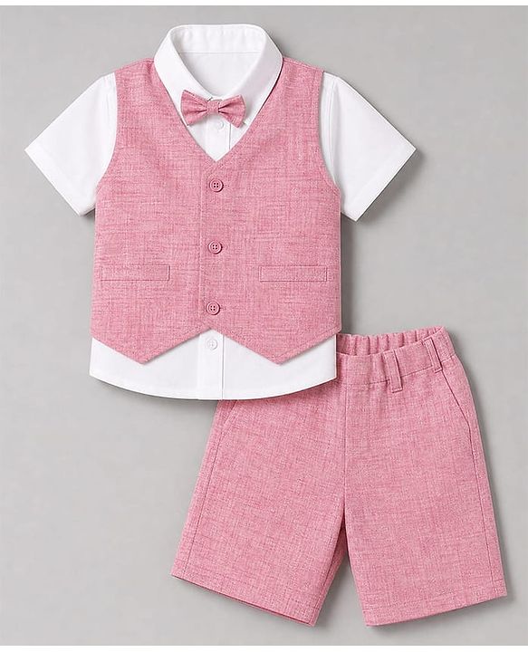 Babyhug Woven Half Sleeves Solid Colour 3 Piece Party Suit With Bow - Pink