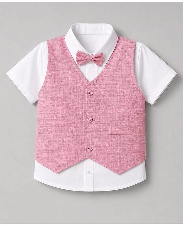 Babyhug Woven Half Sleeves Solid Colour 3 Piece Party Suit With Bow - Pink