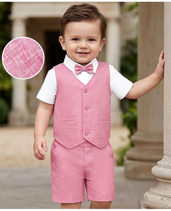 Babyhug Woven Half Sleeves Solid Colour 3 Piece Party Suit With Bow - Pink