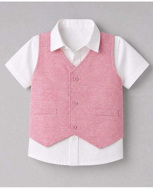 Babyhug Woven Half Sleeves Solid Colour 3 Piece Party Suit With Bow - Pink