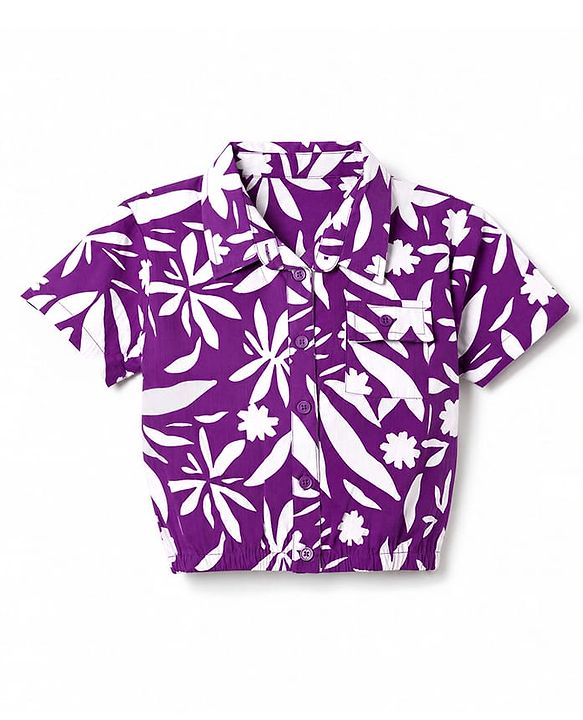 Pine Kids Poplin Woven Shirt Style Top with Short Sleeves and Floral Print - Purple