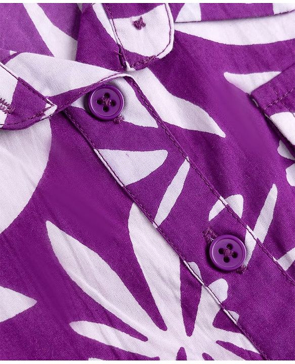 Pine Kids Poplin Woven Shirt Style Top with Short Sleeves and Floral Print - Purple