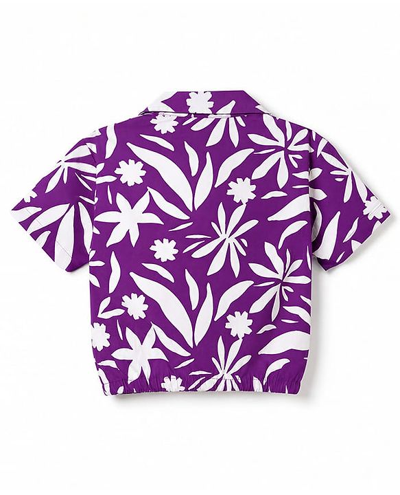 Pine Kids Poplin Woven Shirt Style Top with Short Sleeves and Floral Print - Purple